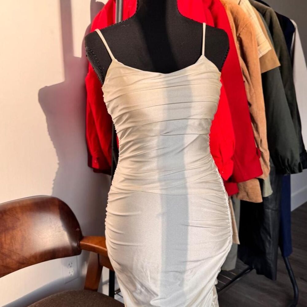 Midnight Doll White ruched bodycon dress with spaghetti straps, size 3